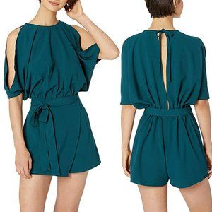 BISHOP + YOUNG Off Duty Teal Cold Shoulder Open Back Crepe Belted Romper